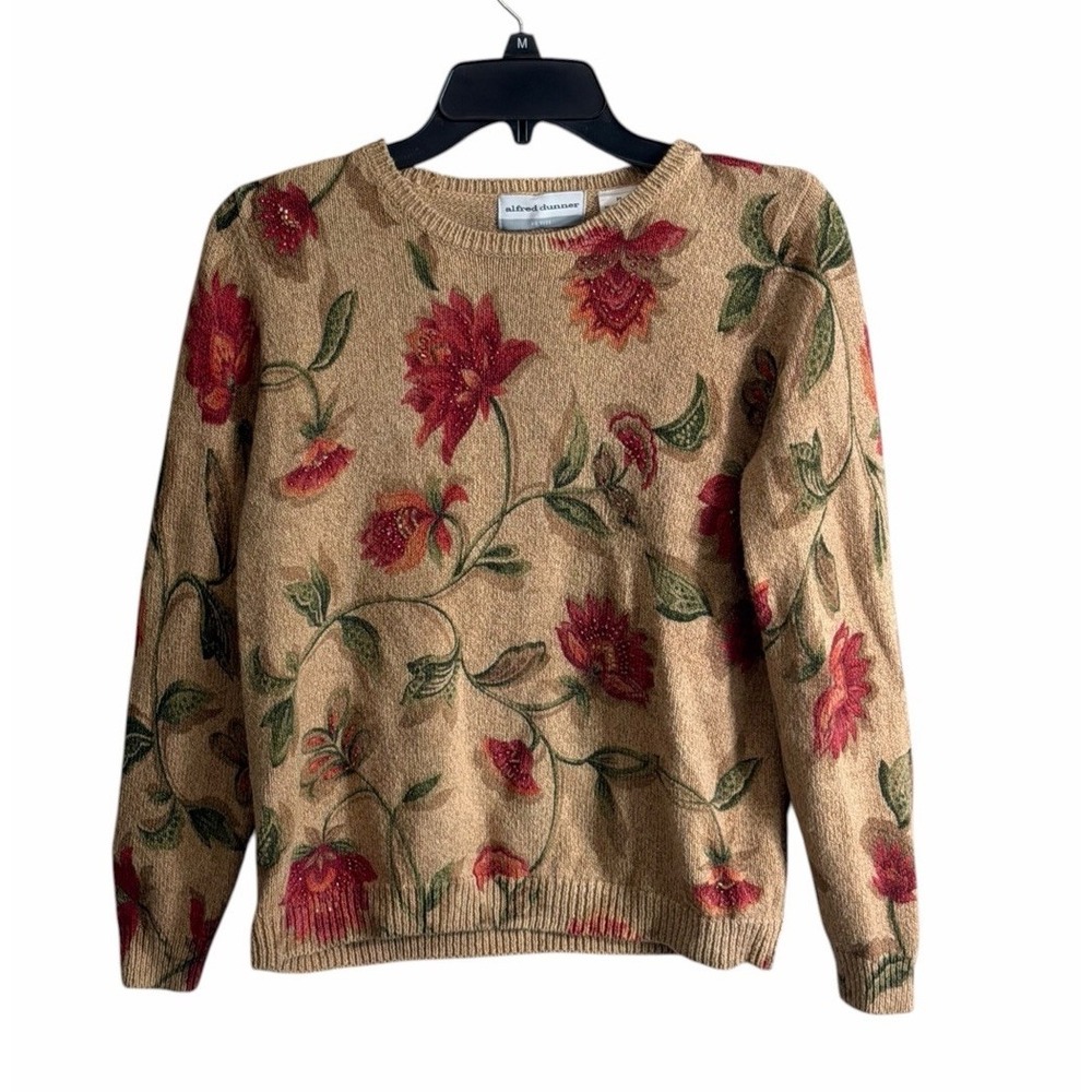 Women Fall Autumn Sweater Small Petite Floral Earthtones Embellished 90's